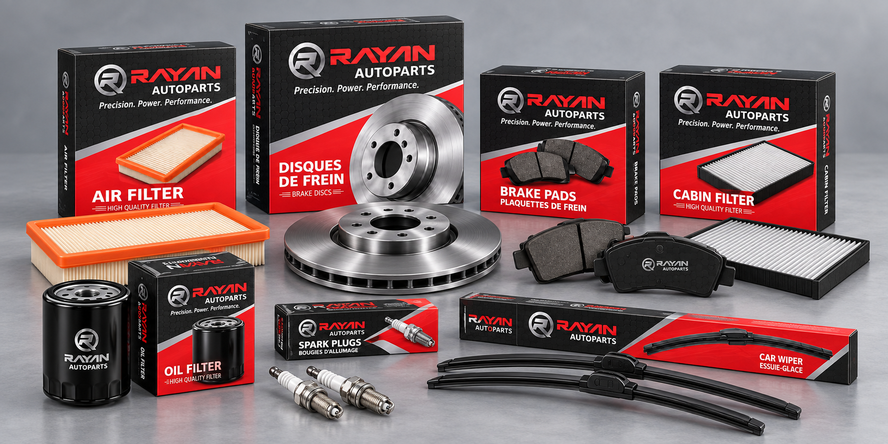 Illustration de pièces automobiles et emballages Rayan Autoparts